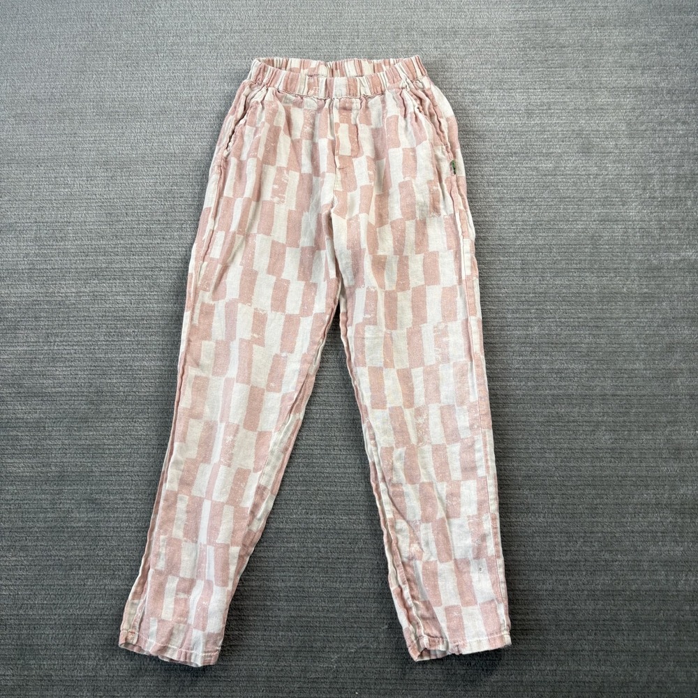 Mon Coeur Linen Pants Girls 10 Years Pink Pockets Straight Leg Geometric Print
